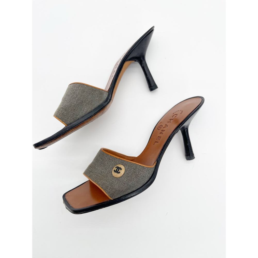 Chanel Vintage y2k Gray Canvas CC Logo Square Toe Mule Sandals Heels EU 37 - Picture 6 of 14